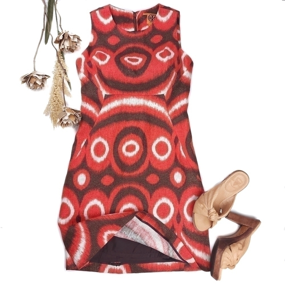 Tory Burch Red Cream Brown Linen Dress Sz 4 - Picture 2 of 12